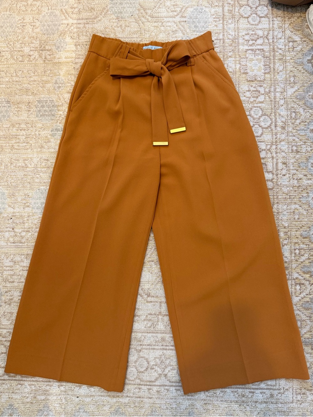 ANTONIO MELANI Wide-Leg Cropped Tie-Waist Pants in Tan
